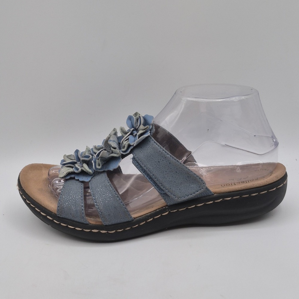 Clarks Collection Sandals Womens Size 7 Blue Suede Slide Flower Wedge Comfort - Picture 2 of 12